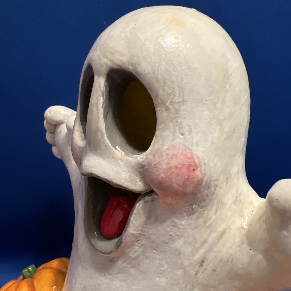 Vtg '89 Juta Chalkware Halloween Happy Ghost Pumpkins Candle Cover Figurine 7x8" - Picture 10 of 13